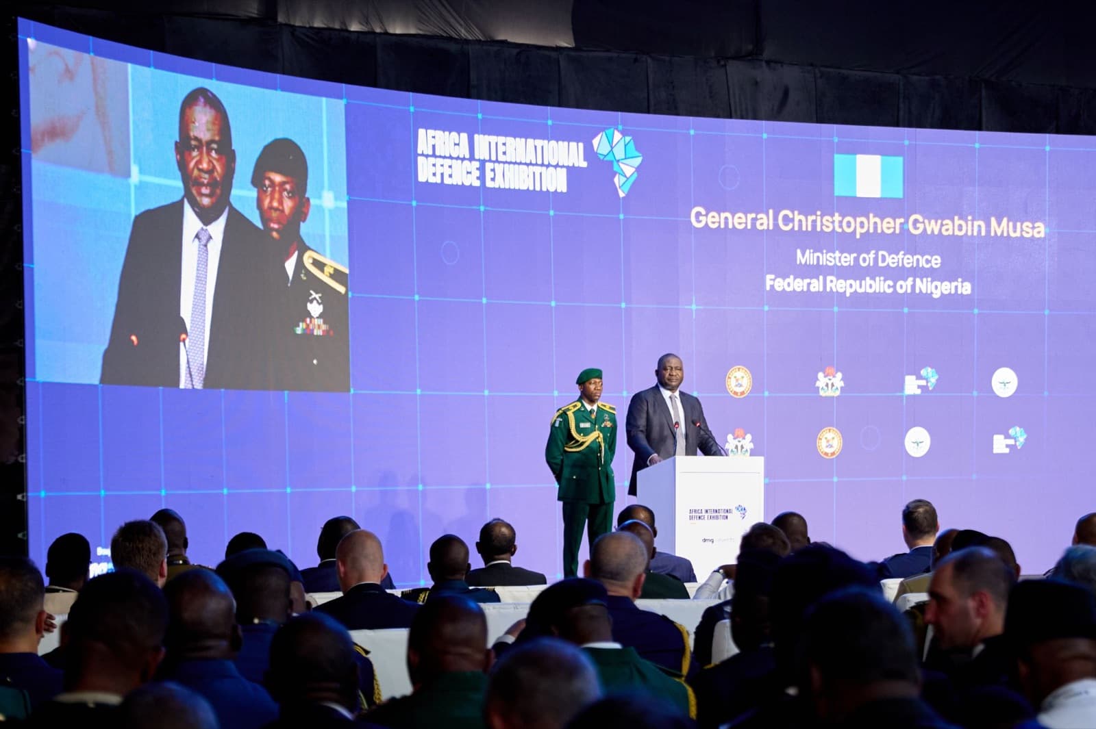 The Minister of Defence, General Christopher Gwabin Musa (rtd.), speaking at the AFRIDEX podium.
